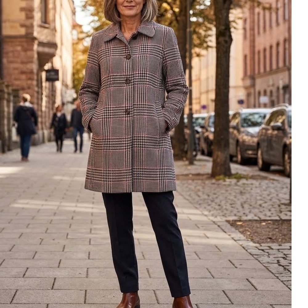 Tommy Hilfiger Classic 12 Wool Blend Houndtooth Plaid Peacoat Navy Red Cream